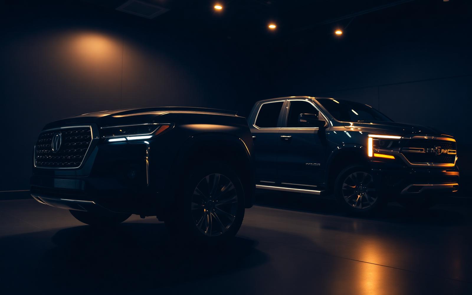 Dark showroom with an SUV and pickup truck under gold lighting